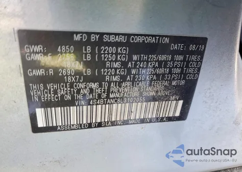 2020 Subaru Outback Limited z USA, uszkodzony, nr VIN 4S4BTANC8L3102055